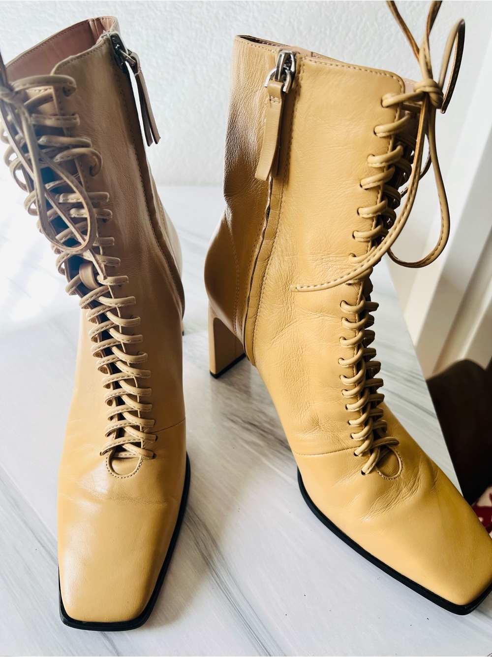 Zara Tan Lace-Up Square-Toe Ankle Boots